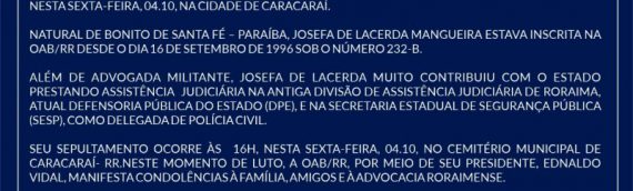 Nota de Pesar – pelo falecimento da advogada JOSEFA DE LACERDA MANGUEIRA